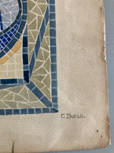 Dessin Peinture 1930 Original Art Deco Nouveau Gouache Papier Ancien Mosaïque