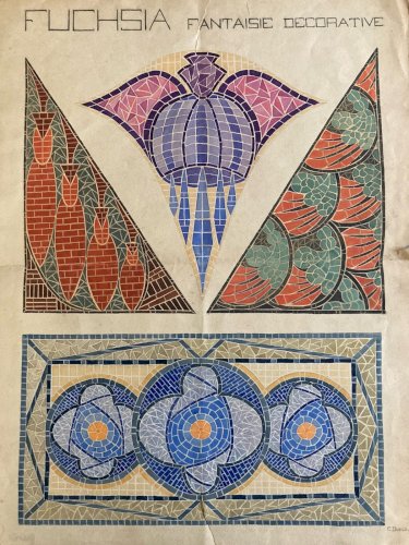 Dessin Peinture 1930 Original Art Deco Nouveau Gouache Papier Ancien Mosaïque
