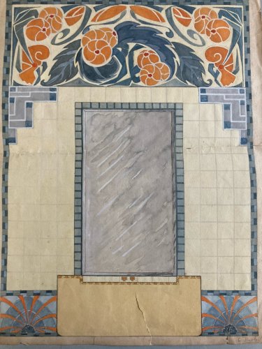 Dessin Peinture 1930 Original Art Deco Nouveau Papier Gouache Ancien Mosaïque