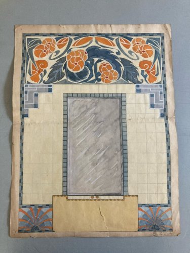 Dessin Peinture 1930 Original Art Deco Nouveau Papier Gouache Ancien Mosaïque