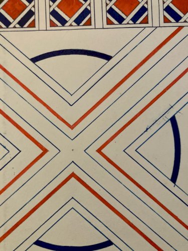 Dessin Peinture 1950 Original Art Deco Motif Artisan Encre Papier Ancien