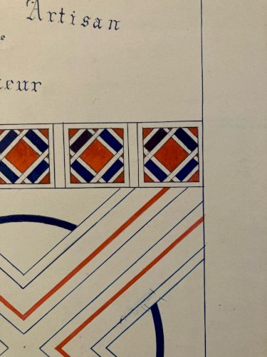 Dessin Peinture 1950 Original Art Deco Motif Artisan Encre Papier Ancien