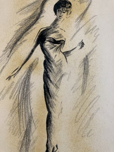 Dessin Peinture Fusain Jeune femme Art Deco Portrait À Identifier Art