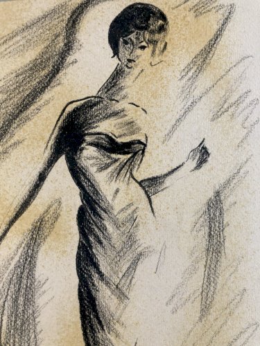 Dessin Peinture Fusain Jeune femme Art Deco Portrait À Identifier Art