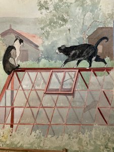 Dessin Peinture Papier 1960 Gouache Agnès Bradley Chat Serre Jardin Véranda