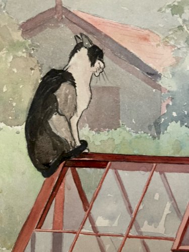Dessin Peinture Papier 1960 Gouache Agnès Bradley Chat Serre Jardin Véranda