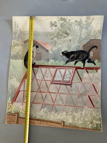 Dessin Peinture Papier 1960 Gouache Agnès Bradley Chat Serre Jardin Véranda