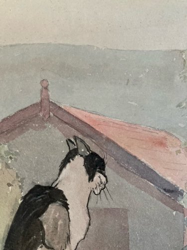 Dessin Peinture Papier 1960 Gouache Agnès Bradley Chat Serre Jardin Véranda