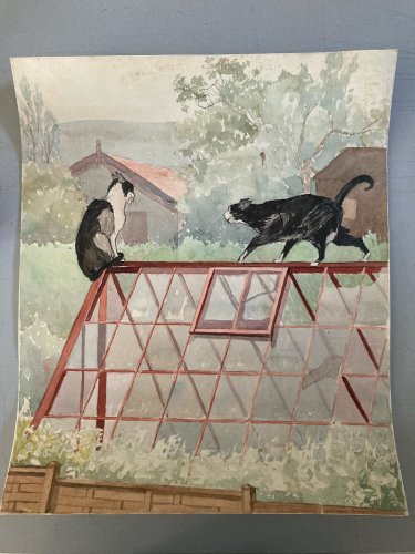Dessin Peinture Papier 1960 Gouache Agnès Bradley Chat Serre Jardin Véranda
