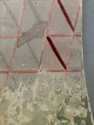 Dessin Peinture Papier 1960 Gouache Agnès Bradley Chat Serre Jardin Véranda