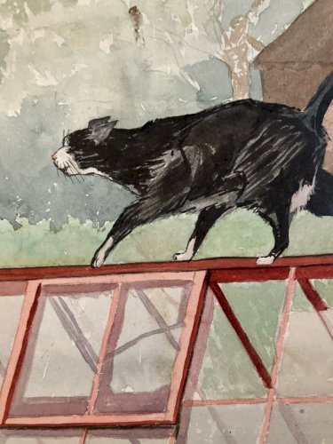 Dessin Peinture Papier 1960 Gouache Agnès Bradley Chat Serre Jardin Véranda