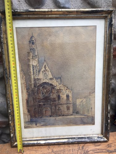 Dessin Peinture Papier Aquarelle Église Sain Etienne Du Mont Paris 1925 Art