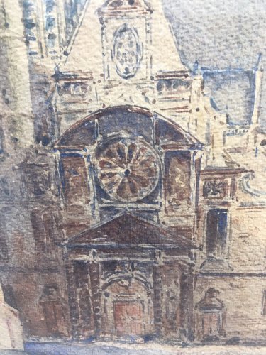 Dessin Peinture Papier Aquarelle Église Sain Etienne Du Mont Paris 1925 Art