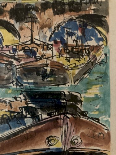 Dessin Peinture Papier Aquarelle Péniche Seine Paris 1920 Ancien Lebourg ?