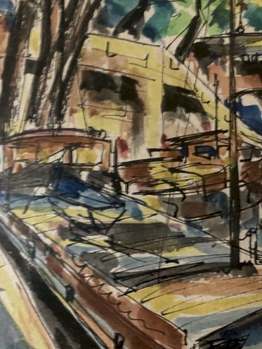 Dessin Peinture Papier Aquarelle Péniche Seine Paris 1920 Ancien Lebourg ?