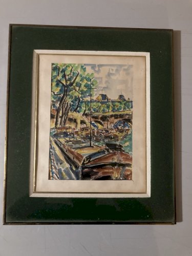 Dessin Peinture Papier Aquarelle Péniche Seine Paris 1920 Ancien Lebourg ?