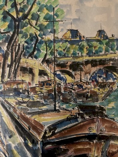 Dessin Peinture Papier Aquarelle Péniche Seine Paris 1920 Ancien Lebourg ?