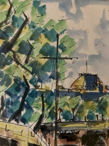Dessin Peinture Papier Aquarelle Péniche Seine Paris 1920 Ancien Lebourg ?