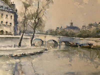 Drawing Painting Paper Watercolor Barge Seine Paris 1950 Vintage France Art