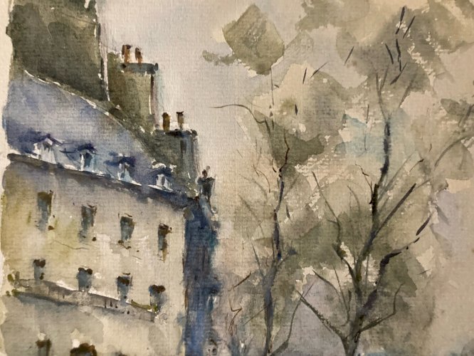 Dessin Peinture Papier Aquarelle Péniche Seine Paris 1950 Ancien France Art