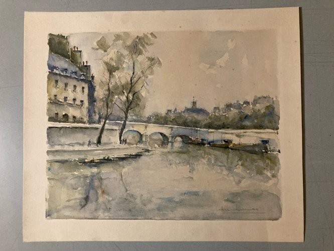 Dessin Peinture Papier Aquarelle Péniche Seine Paris 1950 Ancien France Art