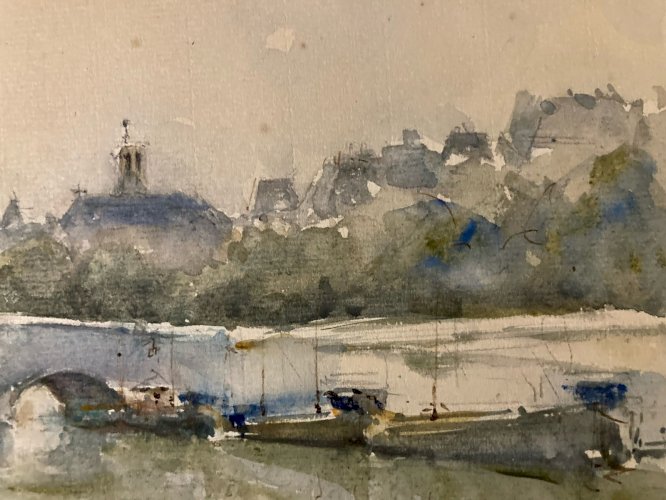 Dessin Peinture Papier Aquarelle Péniche Seine Paris 1950 Ancien France Art