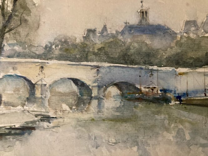 Dessin Peinture Papier Aquarelle Péniche Seine Paris 1950 Ancien France Art