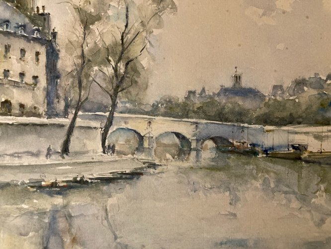 Dessin Peinture Papier Aquarelle Péniche Seine Paris 1950 Ancien France Art