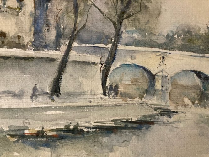 Dessin Peinture Papier Aquarelle Péniche Seine Paris 1950 Ancien France Art