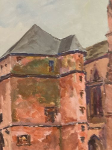 Dessin Peinture Papier Toulouse ? Château Église Gouache 1950 A Identifier
