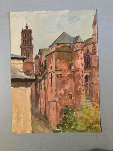 Dessin Peinture Papier Toulouse ? Château Église Gouache 1950 A Identifier