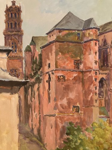 Dessin Peinture Papier Toulouse ? Château Église Gouache 1950 A Identifier