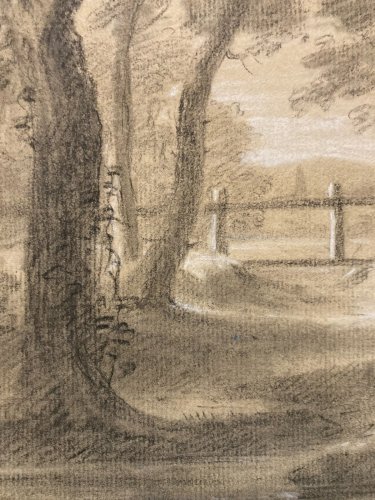 Dessin Pierre Noire XIXe mine De Plomb Arbre Foret Ancien 1850 Paysage Art