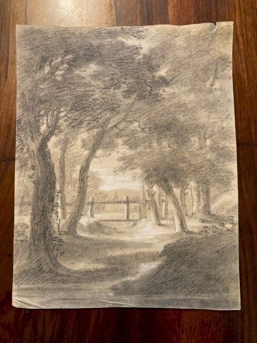 Dessin Pierre Noire XIXe mine De Plomb Arbre Foret Ancien 1850 Paysage Art