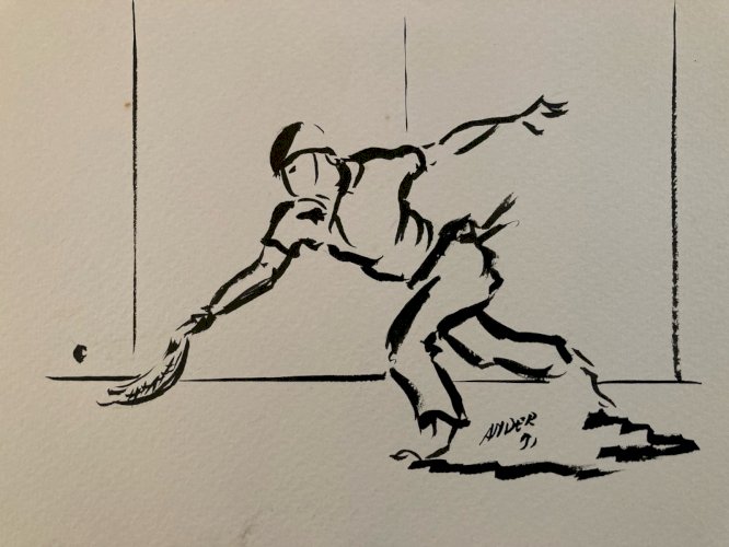 Dessin Portrait Basque Pelote 1980 A Identifier Art Chistera Encre Sport