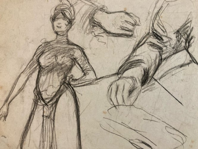 Dessin Portrait Crayon Papier Femme 1920 Nouveau Déco Art Main  Epoque
