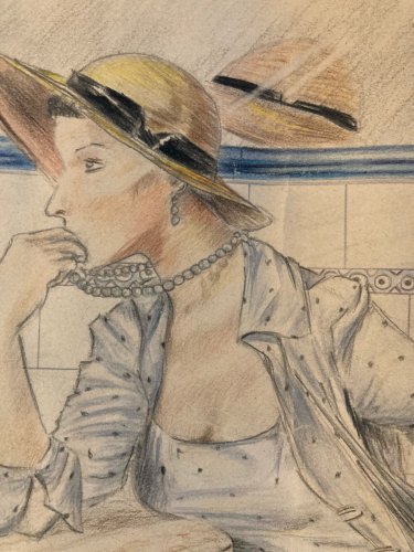 Dessin Portrait Crayon Papier Femme 1930 Nouveau Déco Art Main  Epoque XXe