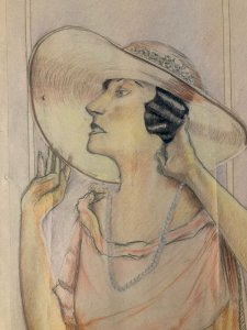 Dessin Portrait Crayon Papier Femme 1930 Nouveau Déco Art Main  Epoque