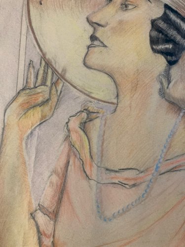 Dessin Portrait Crayon Papier Femme 1930 Nouveau Déco Art Main  Epoque