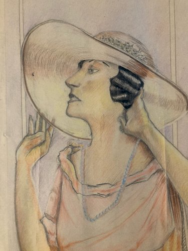 Dessin Portrait Crayon Papier Femme 1930 Nouveau Déco Art Main  Epoque