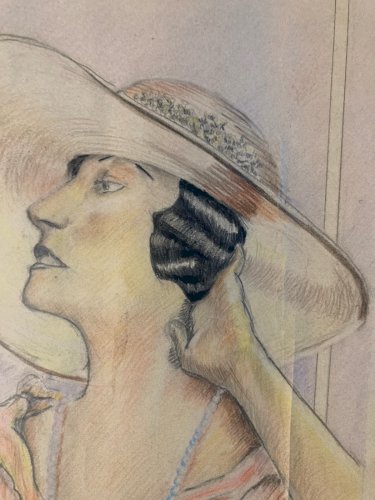 Dessin Portrait Crayon Papier Femme 1930 Nouveau Déco Art Main  Epoque