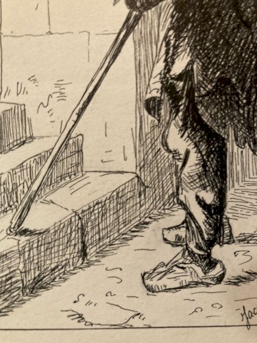 Dessin Portrait, Encre Homme  Mendiant 1914 Art Deco Ancien Drawing Old Art