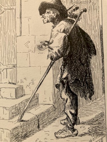 Dessin Portrait, Encre Homme  Mendiant 1914 Art Deco Ancien Drawing Old Art