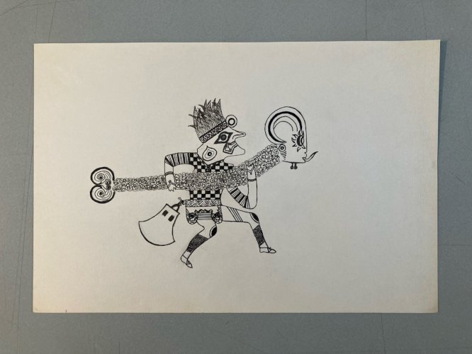 Dessin Portrait Homme Bélier encre 1980 A Identifier Curiosité Maya Drawing Art