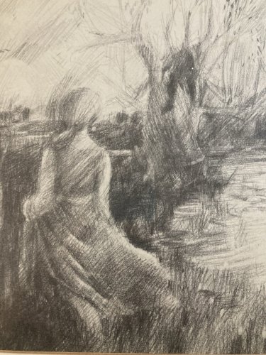 Dessin portrait Jeune Femme Début Art Deco A Identifier Crayon Arbre