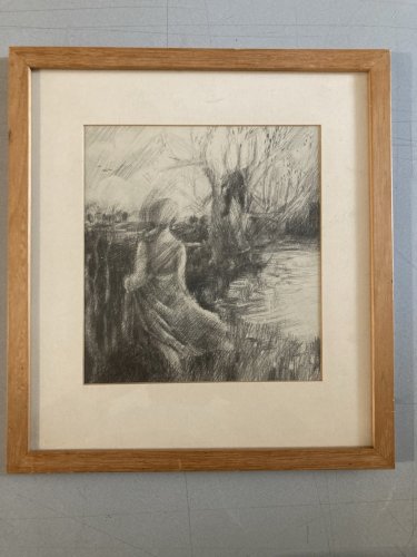 Dessin portrait Jeune Femme Début Art Deco A Identifier Crayon Arbre