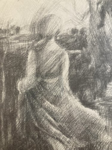 Dessin portrait Jeune Femme Début Art Deco A Identifier Crayon Arbre