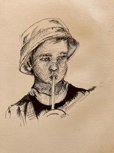 Dessin Portrait jeune Garçon Enfant  encre 1980 A Identifier Art Tête