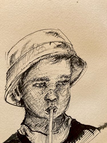 Dessin Portrait jeune Garçon Enfant  encre 1980 A Identifier Art Tête