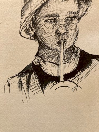 Dessin Portrait jeune Garçon Enfant  encre 1980 A Identifier Art Tête